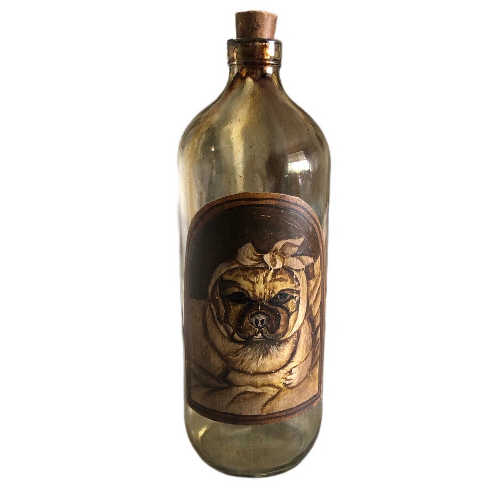 Vintage Rustic Decorative 10” Glass Bottle Pug Dog Hound bandage Label